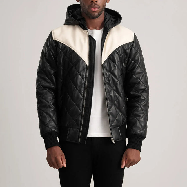 Men's Black Hooded Quilted Leather Jacket