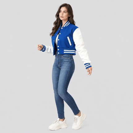 Women's Royal Blue Wool Body and White Leather Sleeves Cropped Letterman Jacket