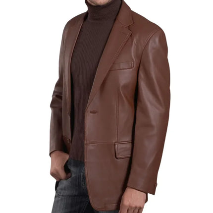 Men's Classic Two Button Brown Leather Blazer