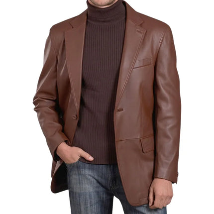 Men's Classic Two Button Brown Leather Blazer