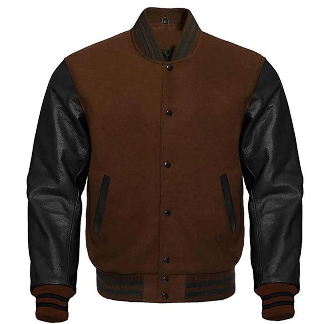 Brown Wool Letterman Jacket with Black Leather Sleeves