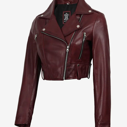 Women's Moto Style Burgundy Cropped Leather Jacket