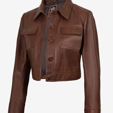 Women's Cognac Cropped Leather Trucker Jacket