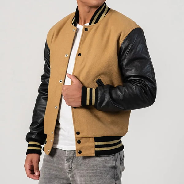 Mens Camel Brown Varsity Jacket w/ Black Leather Sleeves