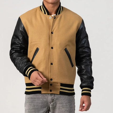 Mens Camel Brown Varsity Jacket w/ Black Leather Sleeves