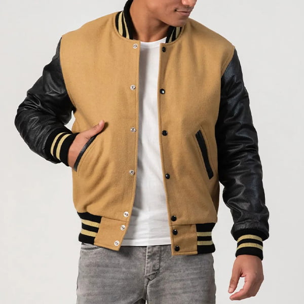 Mens Camel Brown Varsity Jacket w/ Black Leather Sleeves