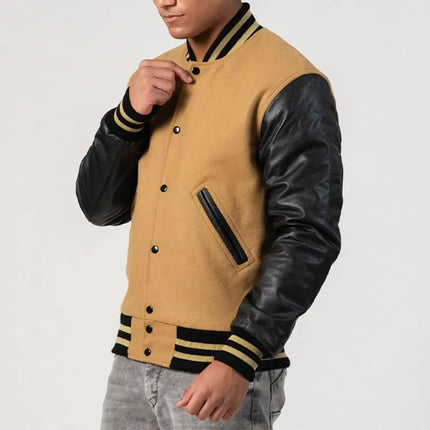 Mens Camel Brown Varsity Jacket w/ Black Leather Sleeves