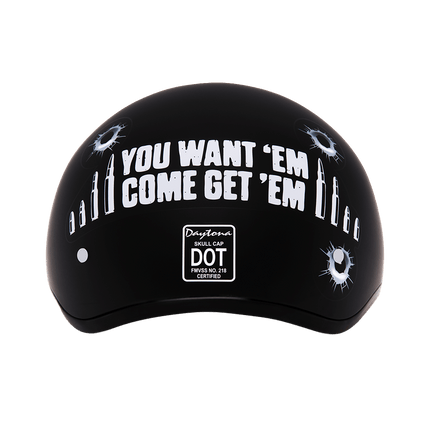 DOT Approved Daytona Motorcycle Half Face Helmet - Skull Cap Graphics for Men & Women, Scooters, ATVs, UTVs & Choppers - W/ Come Get 'Em