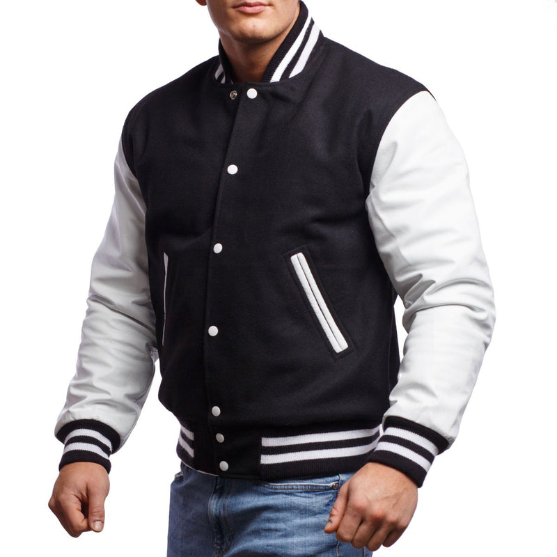 Classic Black & White Leather Sleeves Varsity Jacket