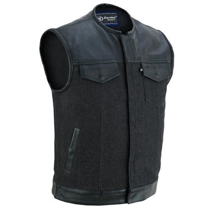 Men's Leather-Denim Combo Motorcycle  Vest - No Collar