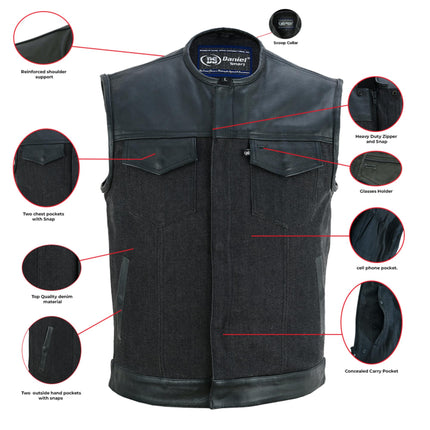 Men's Leather-Denim Combo Motorcycle  Vest - No Collar