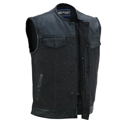 Men's Leather-Denim Combo Motorcycle  Vest - No Collar