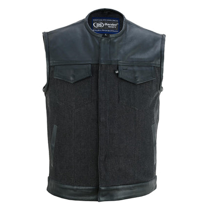 Men's Leather-Denim Combo Motorcycle  Vest - No Collar