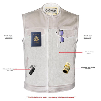 Men's Leather-Denim Combo Motorcycle  Vest - No Collar