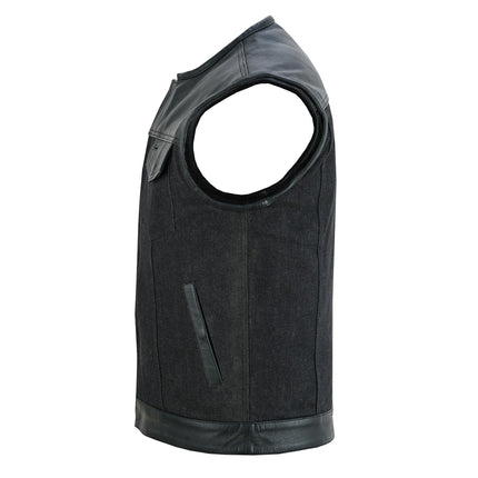 Men's Leather-Denim Combo Motorcycle  Vest - No Collar