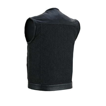 Men's Leather-Denim Combo Motorcycle  Vest - No Collar