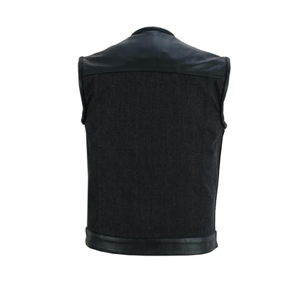 Men's Leather-Denim Combo Motorcycle  Vest - No Collar