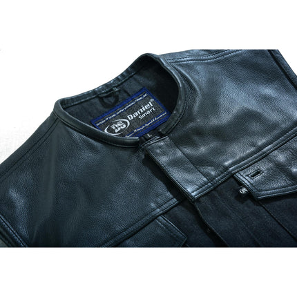Men's Leather-Denim Combo Motorcycle  Vest - No Collar