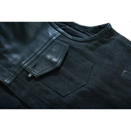 Men's Leather-Denim Combo Motorcycle  Vest - No Collar