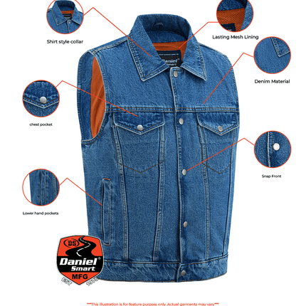 DM Men's Snap Front Blue Denim Motorcycle Vest