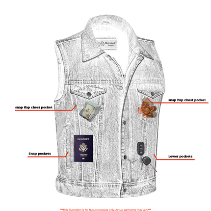 Blue Men's  denim motorcycle vest with Snap/Zipper Front