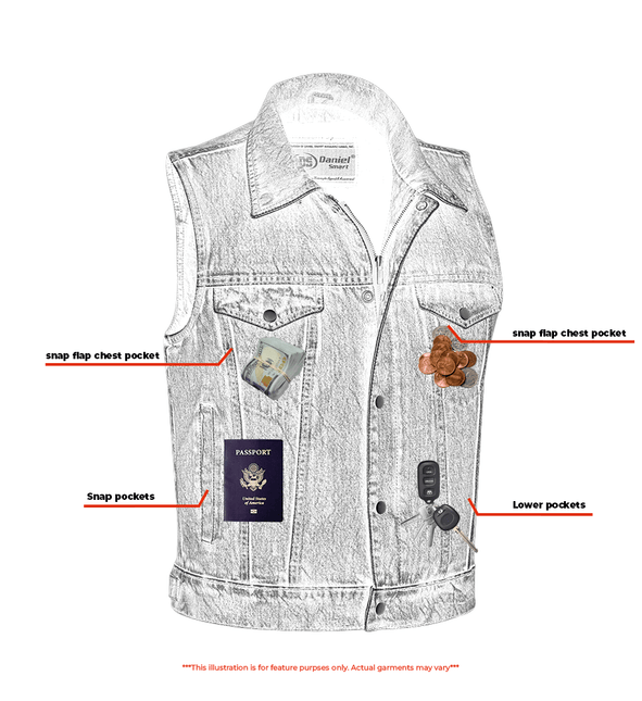 Blue Men's  denim motorcycle vest with Snap/Zipper Front