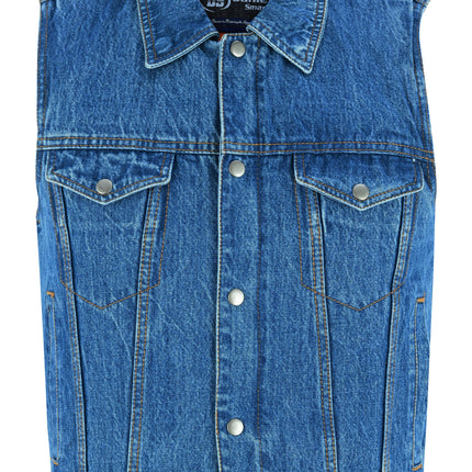 Blue Men's  denim motorcycle vest with Snap/Zipper Front