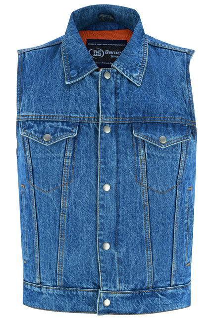 Blue Men's  denim motorcycle vest with Snap/Zipper Front