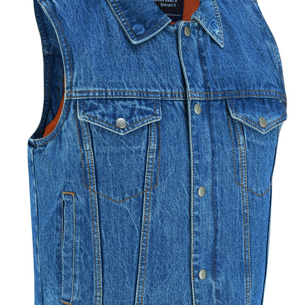 Blue Men's  denim motorcycle vest with Snap/Zipper Front