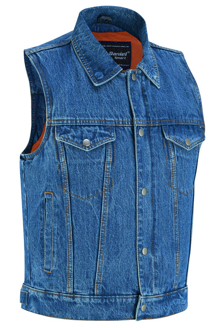 Blue Men's  denim motorcycle vest with Snap/Zipper Front