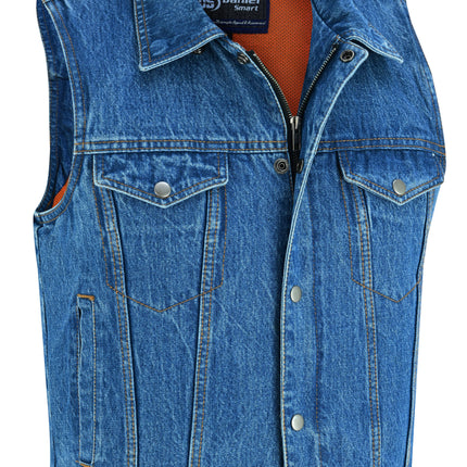 Blue Men's  denim motorcycle vest with Snap/Zipper Front