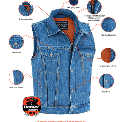 Blue Men's  denim motorcycle vest with Snap/Zipper Front