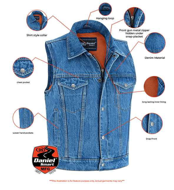 Blue Men's  denim motorcycle vest with Snap/Zipper Front