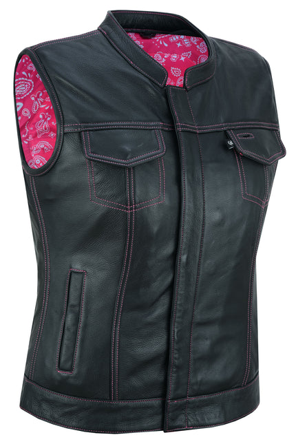 Violet Pink - Women's Black Leather Biker Vest w/ Pink Stitch