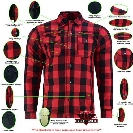 Alpha Check Men's  Armored Motorcycle Flannel Shirt - Red/Black
