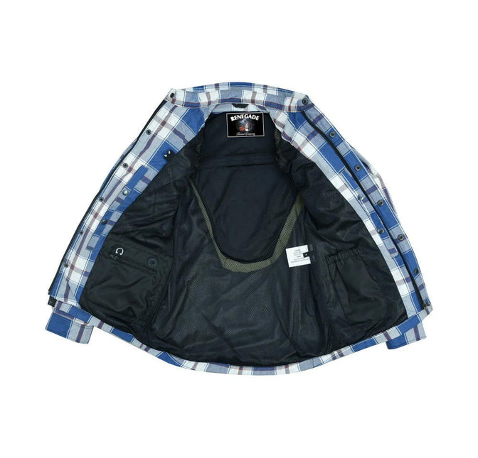 Alpha Check Men's  Armored Motorcycle Flannel Shirt - Blue/White/Maroon