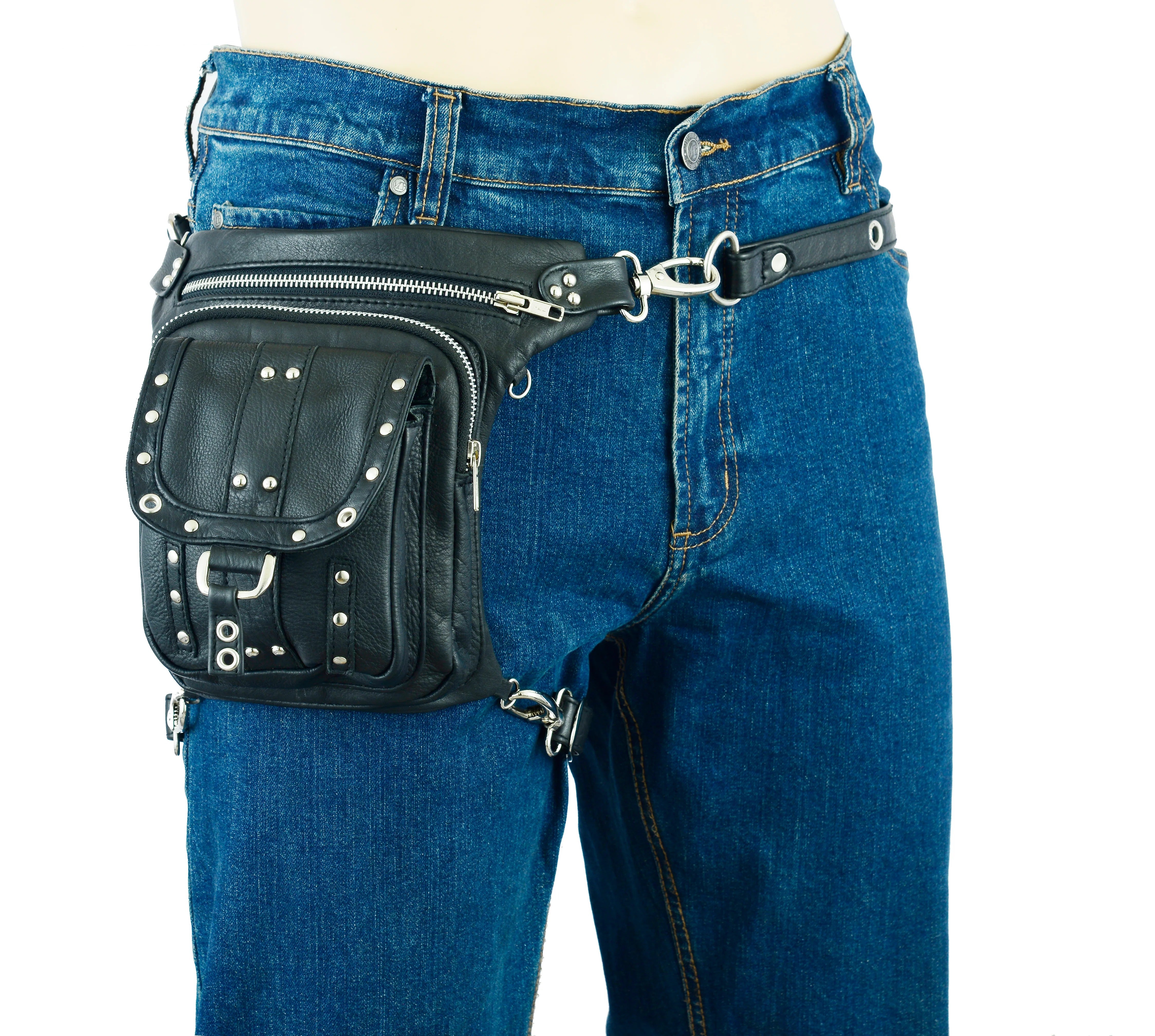 Black Leather Drop Leg Thigh Bag Concealed Gun Pocket Small