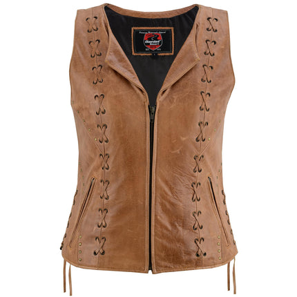 Women's Brown Zippered Vest with Lacing Details