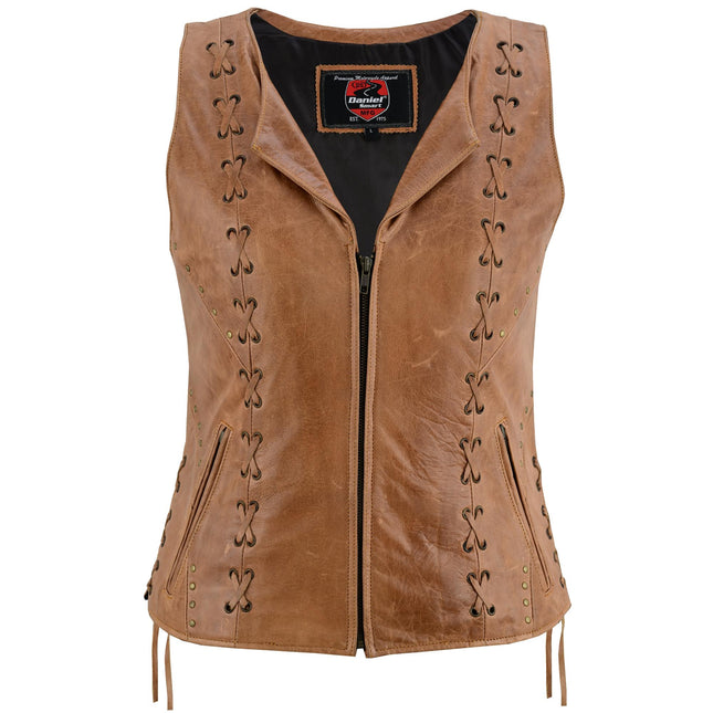 Women's Brown Zippered Vest with Lacing Details