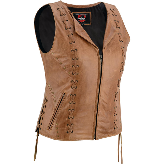 Women's Brown Zippered Vest with Lacing Details