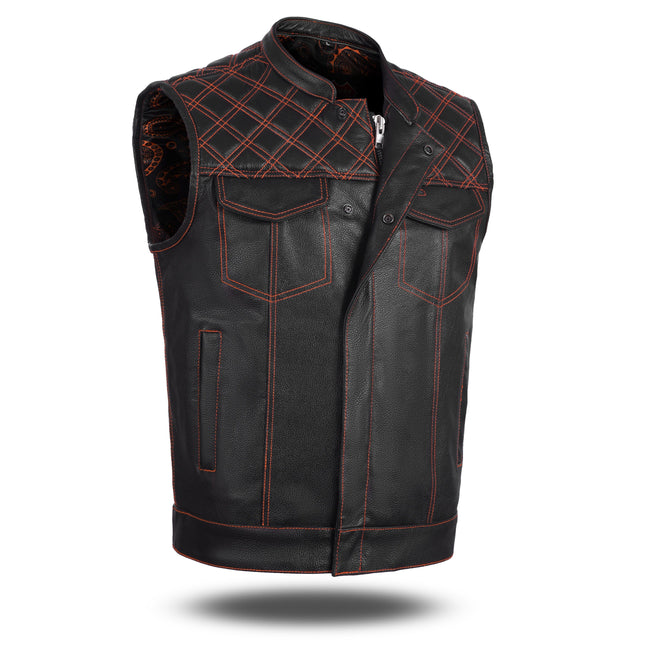 Men's Leather Vest with Orange Diamond Stitch