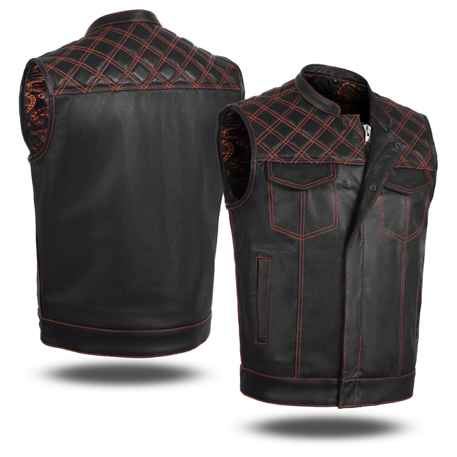 Men's Leather Vest with Orange Diamond Stitch