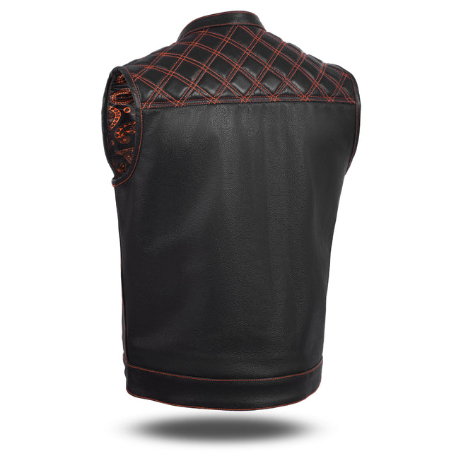 Men's Leather Vest with Orange Diamond Stitch