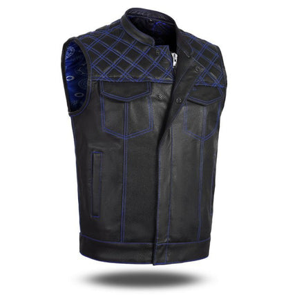 Blue Diamond Stitch Leather Motorcycle Vest