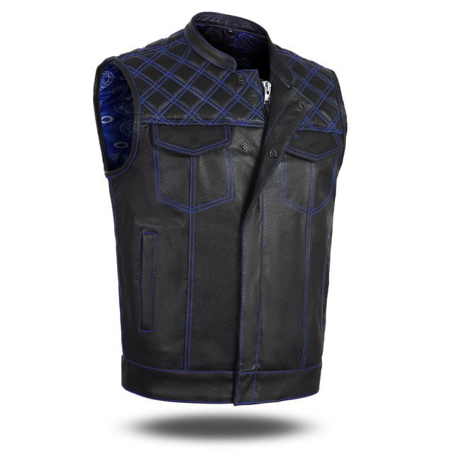 Blue Diamond Stitch Leather Motorcycle Vest