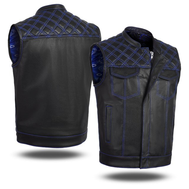 Blue Diamond Stitch Leather Motorcycle Vest