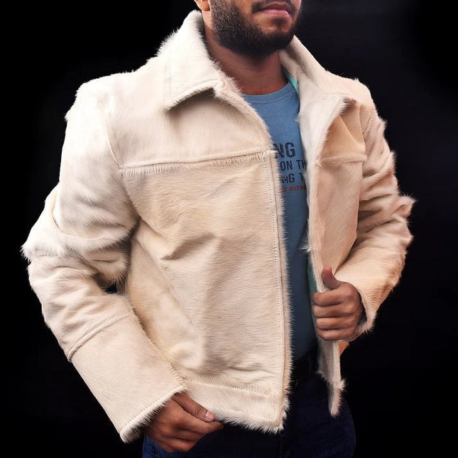 Men's White Hair On Cowhide Jacket