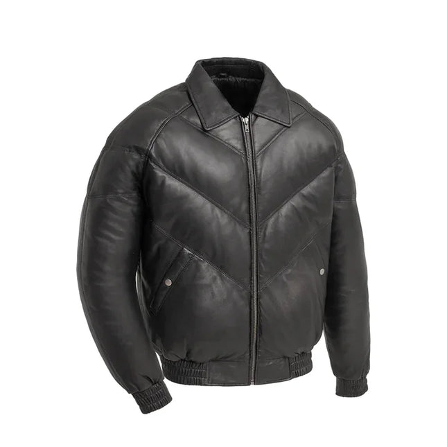 FM Men's Black Leather Puffer V Bomber Jacket