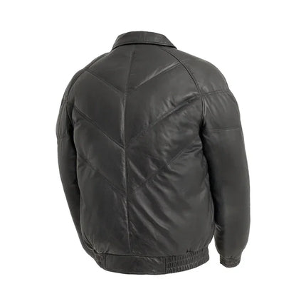 FM Men's Black Leather Puffer V Bomber Jacket