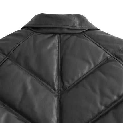 FM Men's Black Leather Puffer V Bomber Jacket